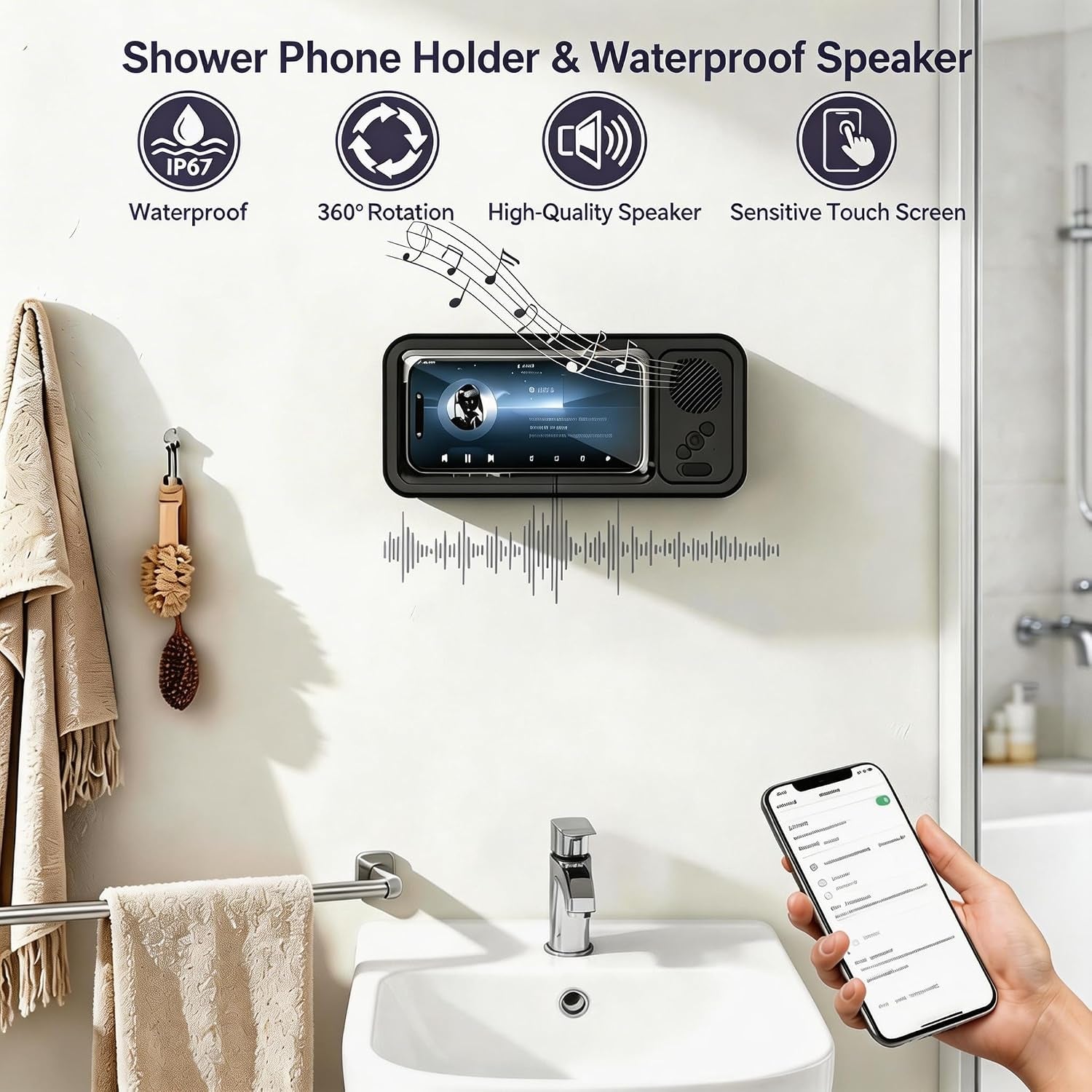 360-Degree Rotating Shower Phone Holder with Waterproof Bluetooth Speaker, IPX4, HD Touch Screen for Use with Wet Hands, Compatible with Phones Under 7 Inches, 6-12 Hour Playtime, No-Drill Installation