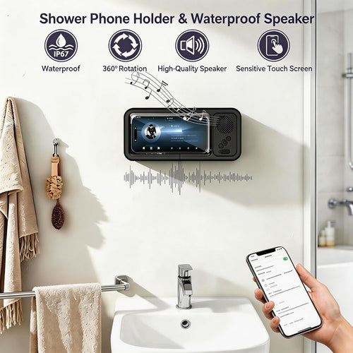 360-Degree Rotating Shower Phone Holder with Waterproof Bluetooth Speaker, IPX4, HD Touch Screen for Use with Wet Hands, Compatible with Phones Under 7 Inches, 6-12 Hour Playtime, No-Drill Installation