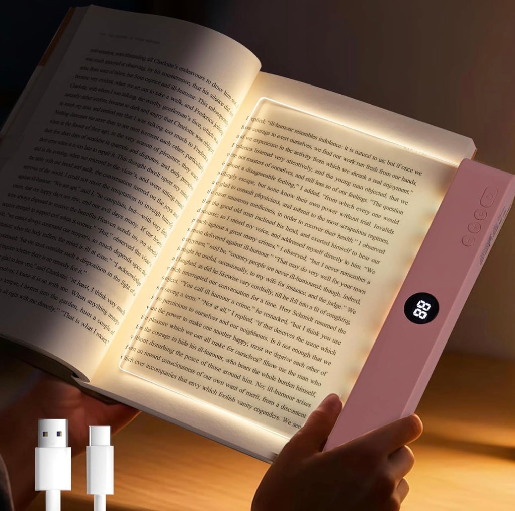 Rechargeable LED Book Light with Three Color Options and Timer, Lumalit Flat Design with Stepless Dimming and Anti-Glare Features for Comfortable Night Reading