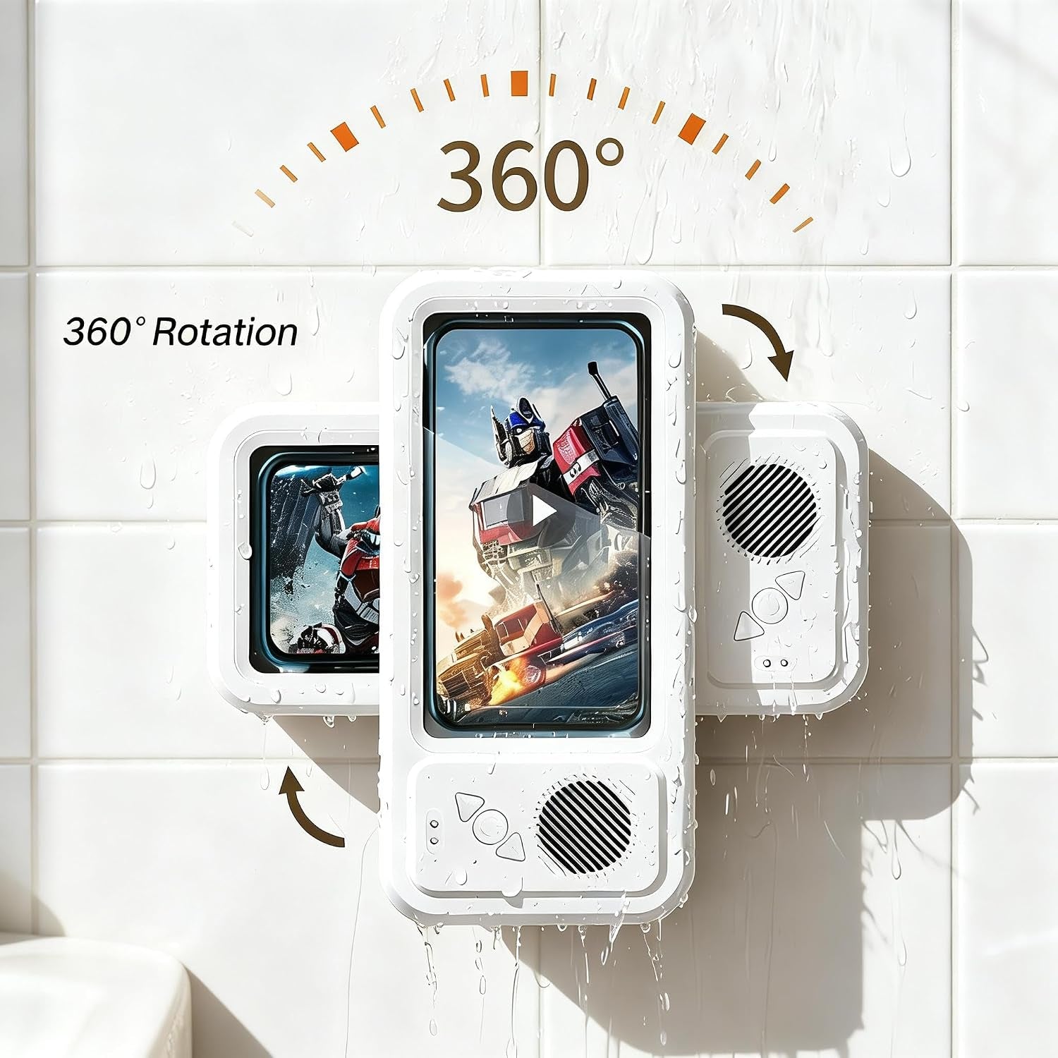 360-Degree Rotating Shower Phone Holder with Waterproof Bluetooth Speaker, IPX4, HD Touch Screen for Use with Wet Hands, Compatible with Phones Under 7 Inches, 6-12 Hour Playtime, No-Drill Installation