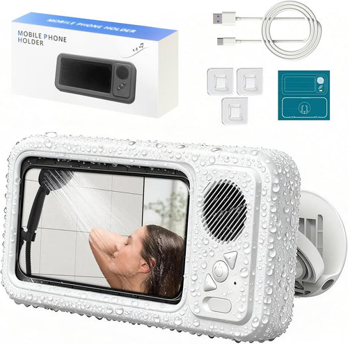 360-Degree Rotating Shower Phone Holder with Waterproof Bluetooth Speaker, IPX4, HD Touch Screen for Use with Wet Hands, Compatible with Phones Under 7 Inches, 6-12 Hour Playtime, No-Drill Installation