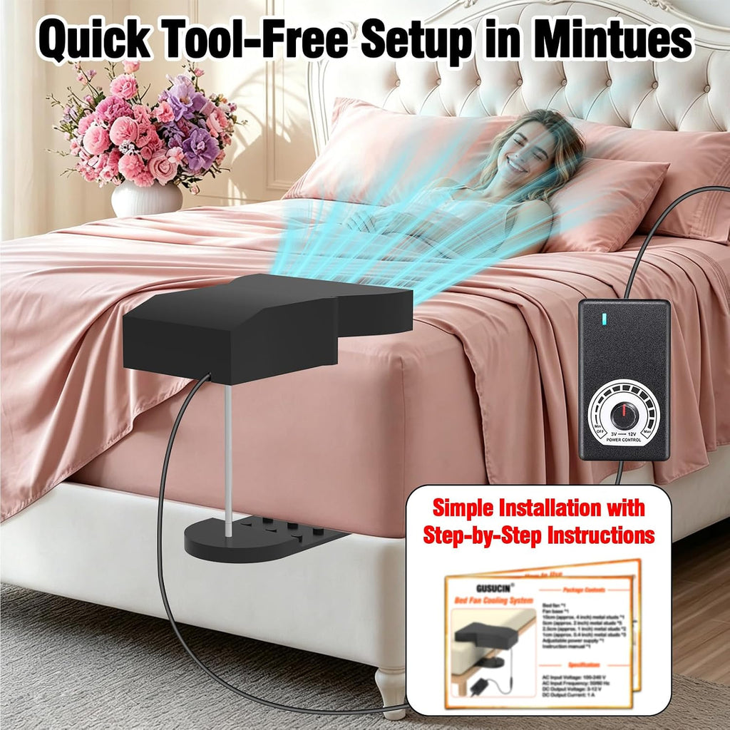 Under-Bed Cooling System with Adjustable Fan Speed for Night Sweat Relief, Compatible with All Mattress Heights, Easy Installation (Black)