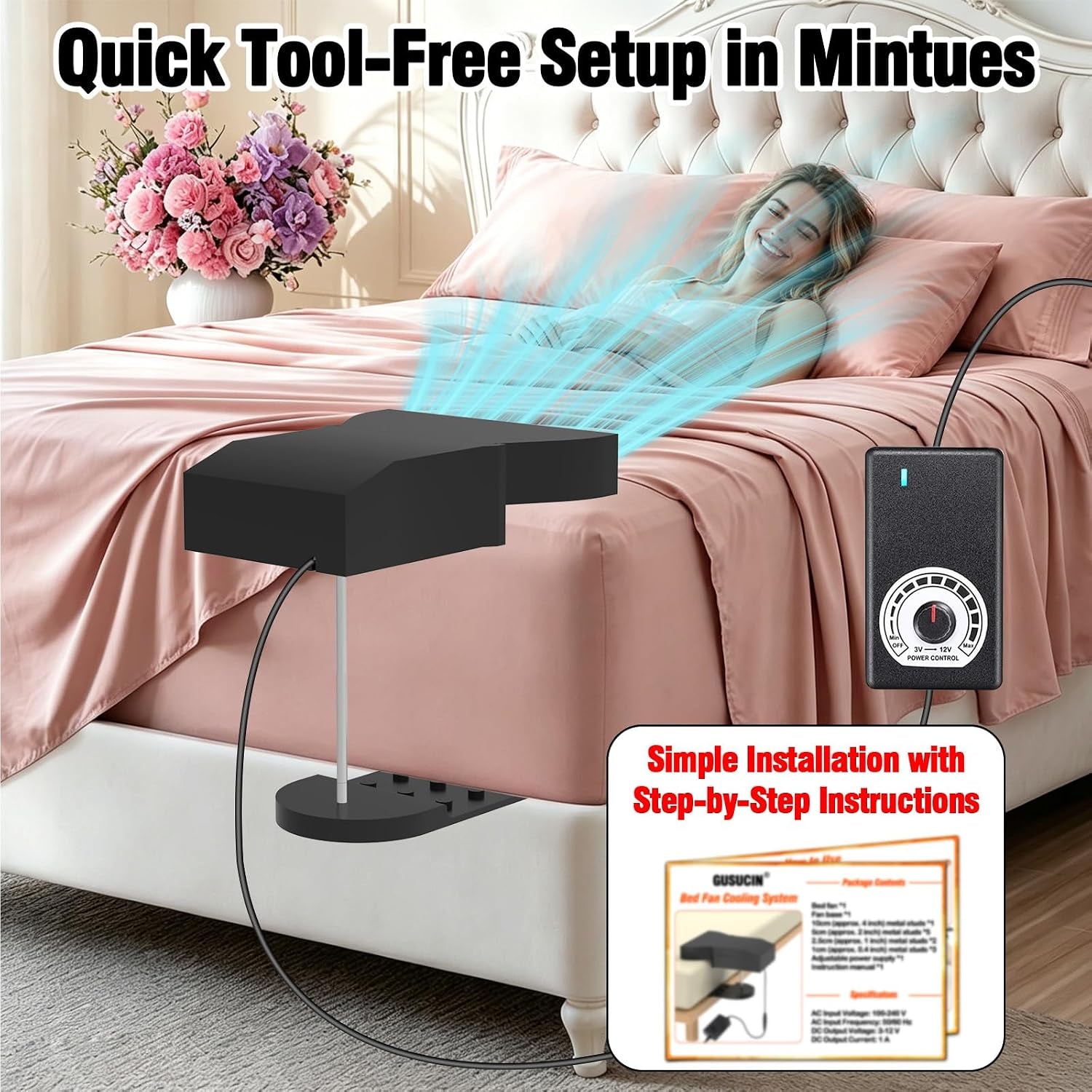 Under-Bed Cooling System with Adjustable Fan Speed for Night Sweat Relief, Compatible with All Mattress Heights, Easy Installation (Black)